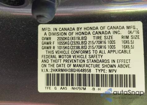 2016 Honda Cr-V Lx z USA, uszkodzony, nr VIN 2HKRM4H38GH648958